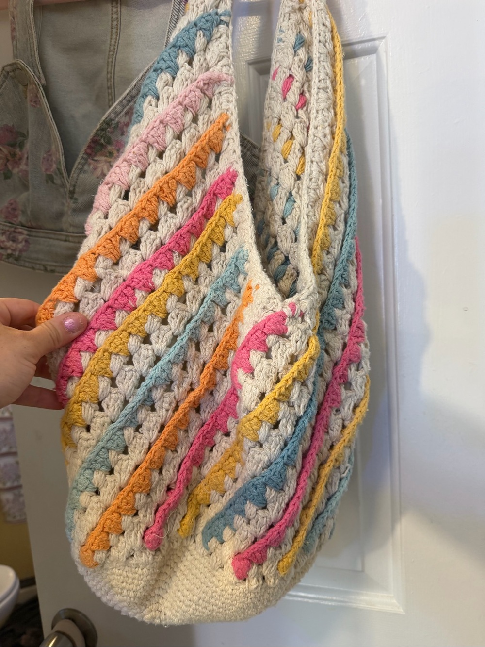 Handmade Crochet Cream Shoulder Bag with Pastel Stripe Accents